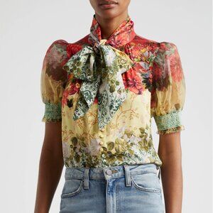 Alice + Olivia Brentley Floral Tie Neck Puff Sleeve Top